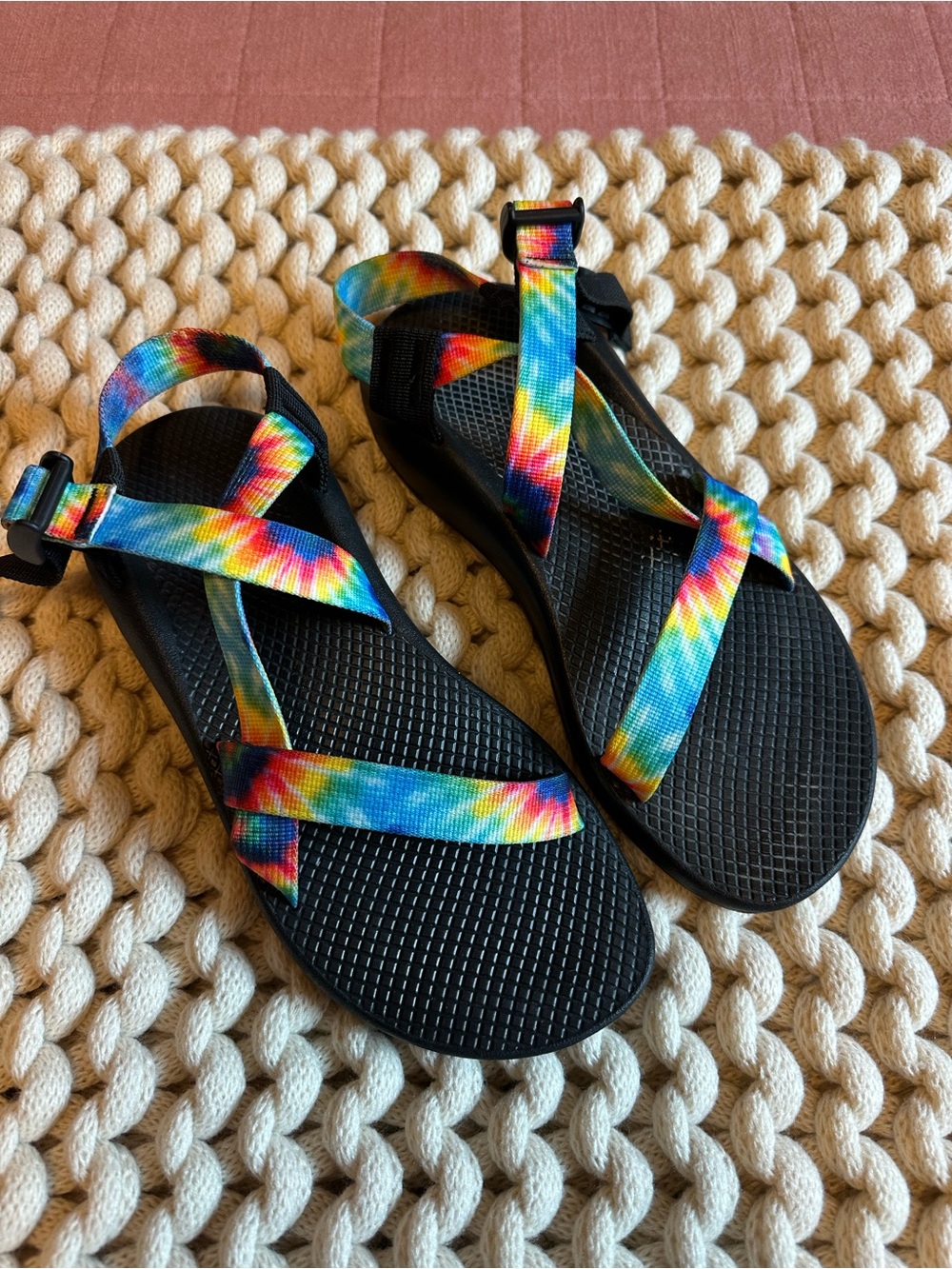Chaco Women's Black Sandals with Rainbow Tie-Dye Straps